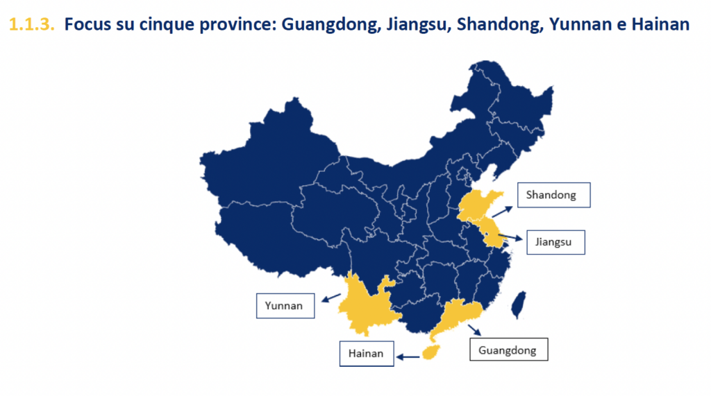 Focus su cinque province: Guangdong, Jiangsu, Shandong, Yunnan e Hainan