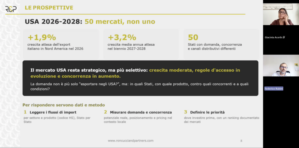 Giacinta Acerbi e Federico Rubini durante il webinar sull'export negli USA