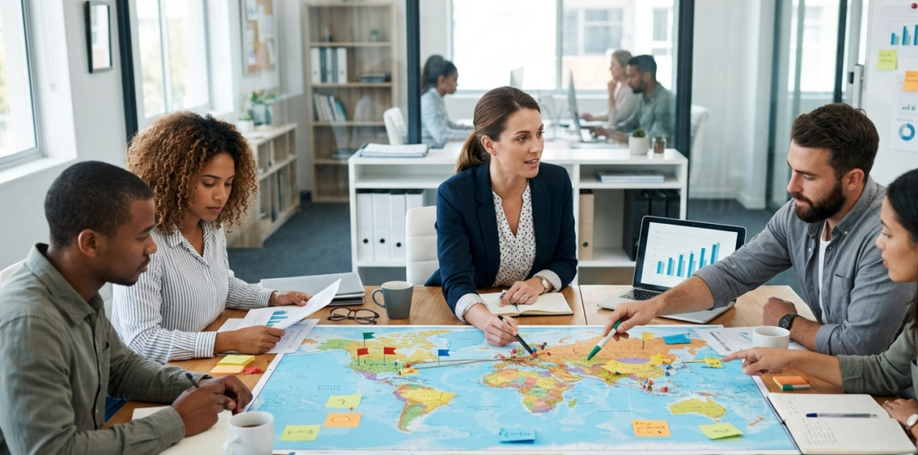 persone che stanno capendo dove internazionalizzarsi durante una riunione. davanti a loro una mappa con indicate le mete possibili.